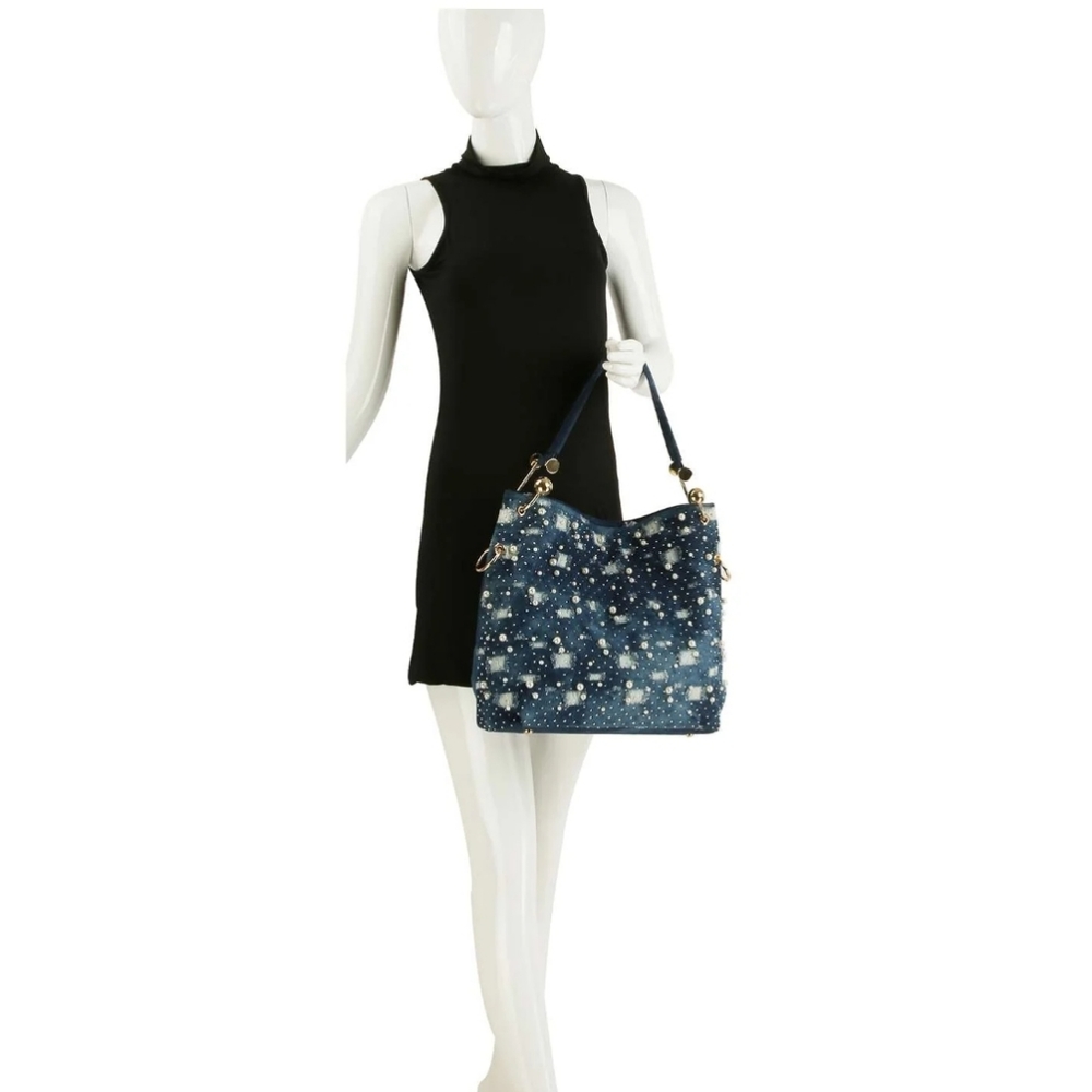 Blue Denim Pearl Embellished Shoulder Bag - Picture 6 of 6